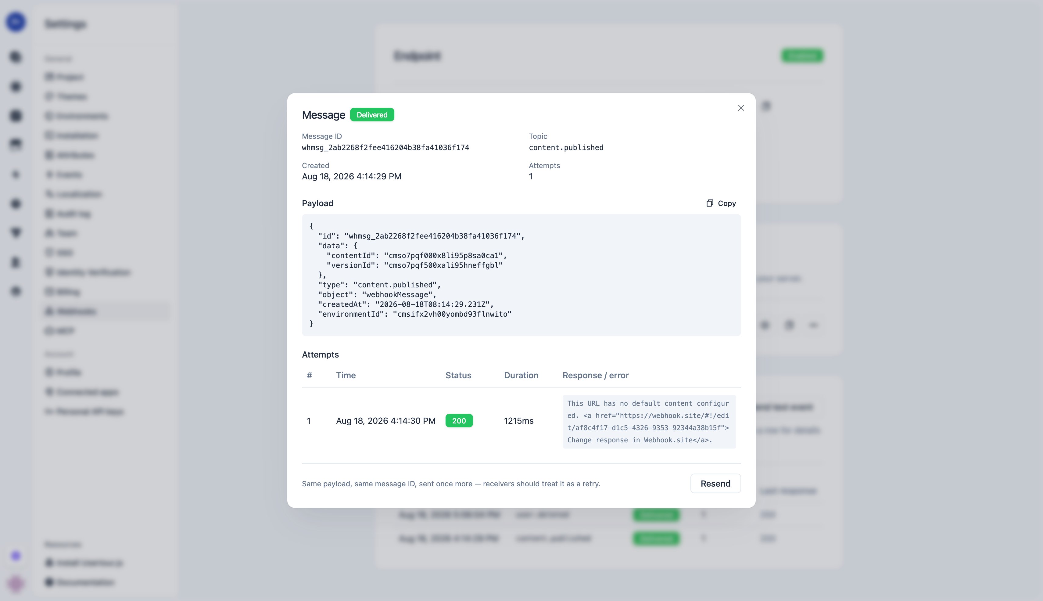 Message detail with payload and attempts