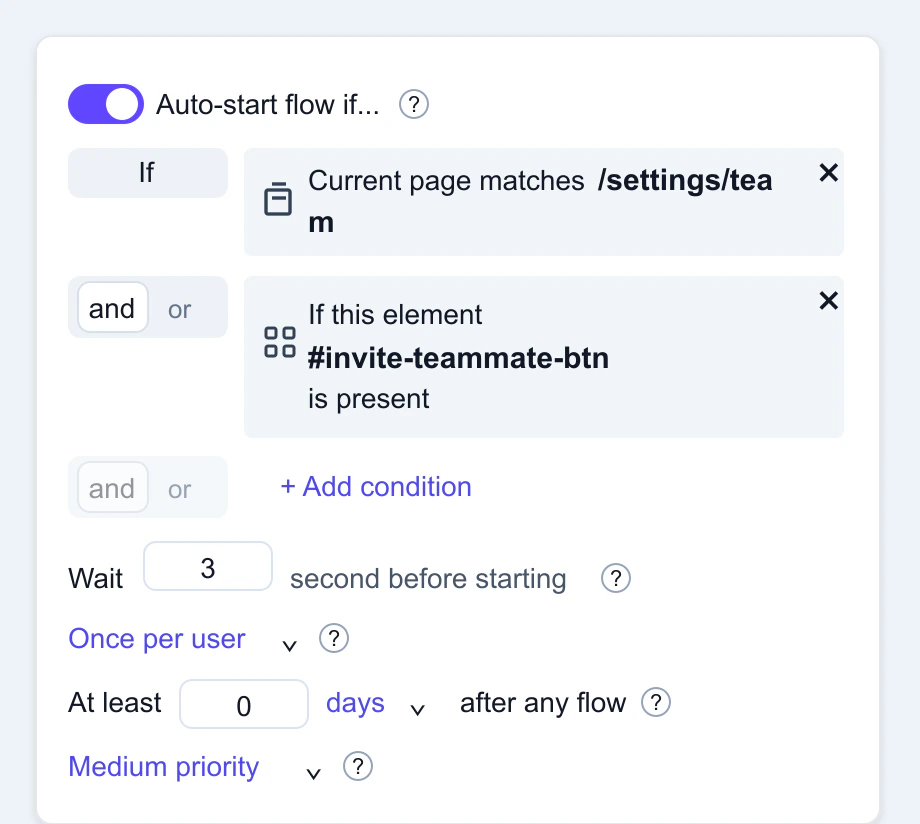 Auto-start rule with Current page, Element is present, and Wait 3 seconds