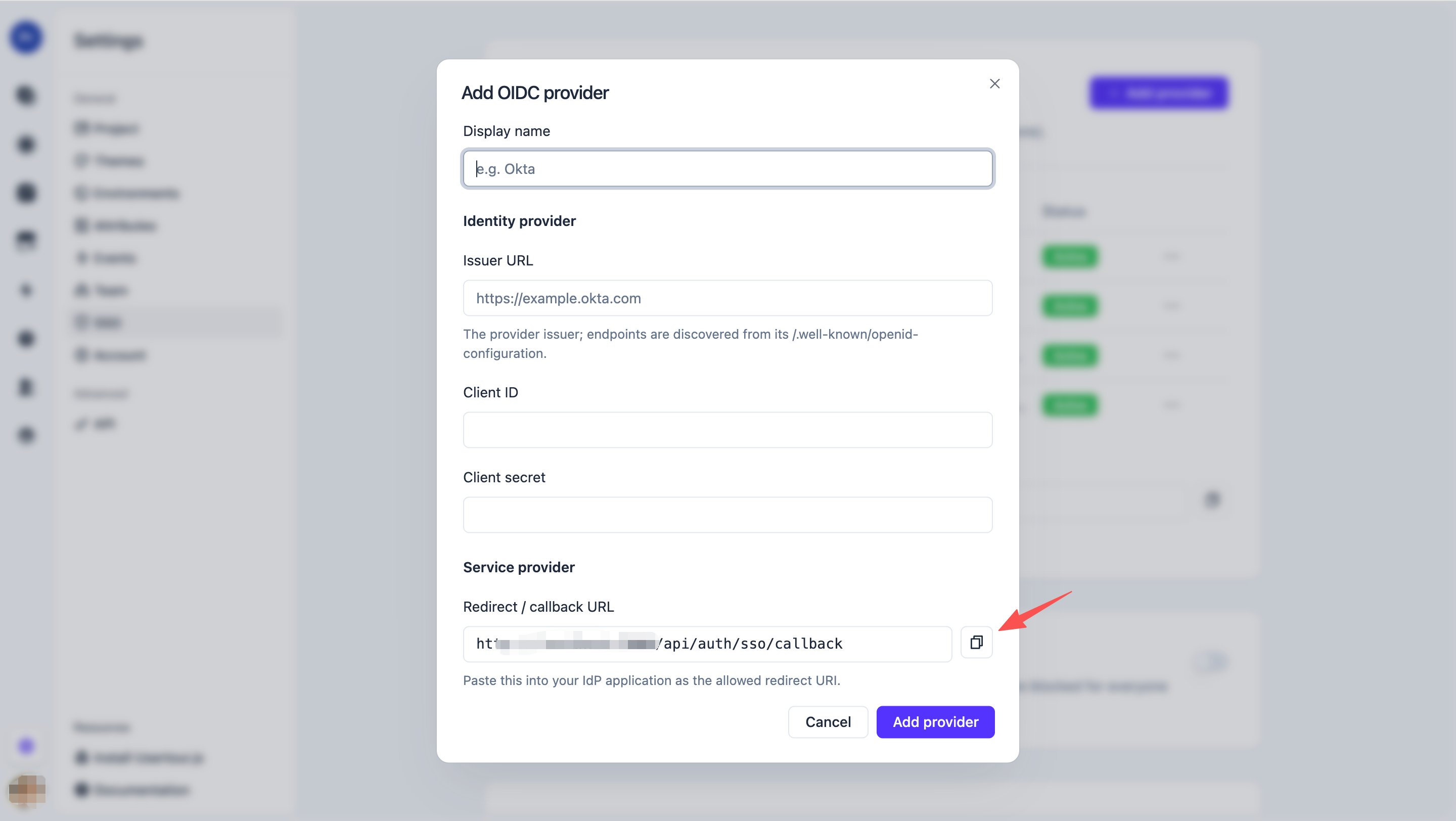 New provider dialog with the Redirect URL