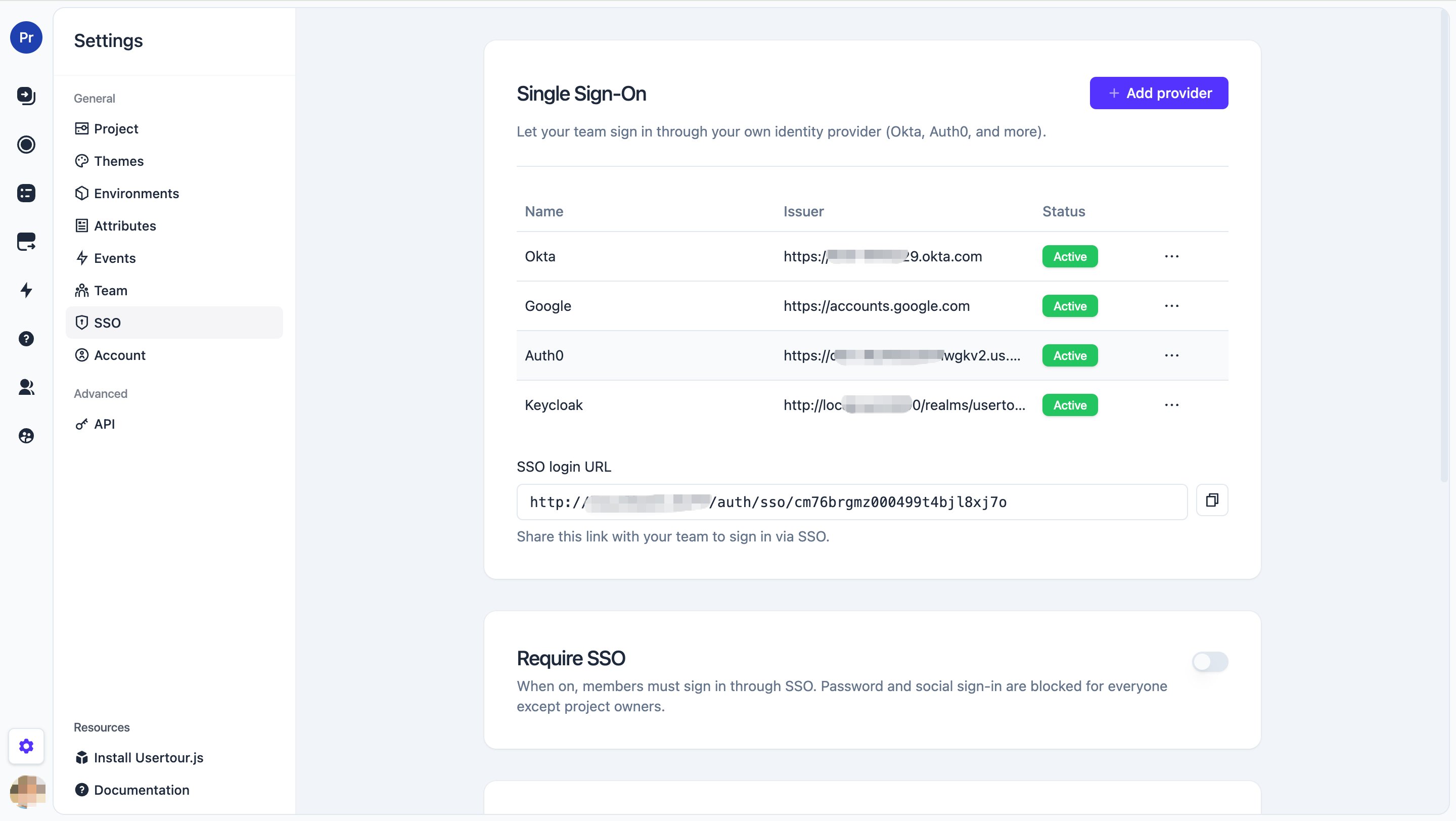 SSO settings with an active provider