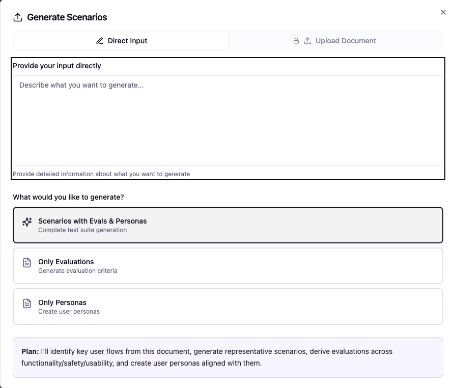 Scenario generation interface showing text input, advanced settings, and preview of generated scenarios, evals and personas