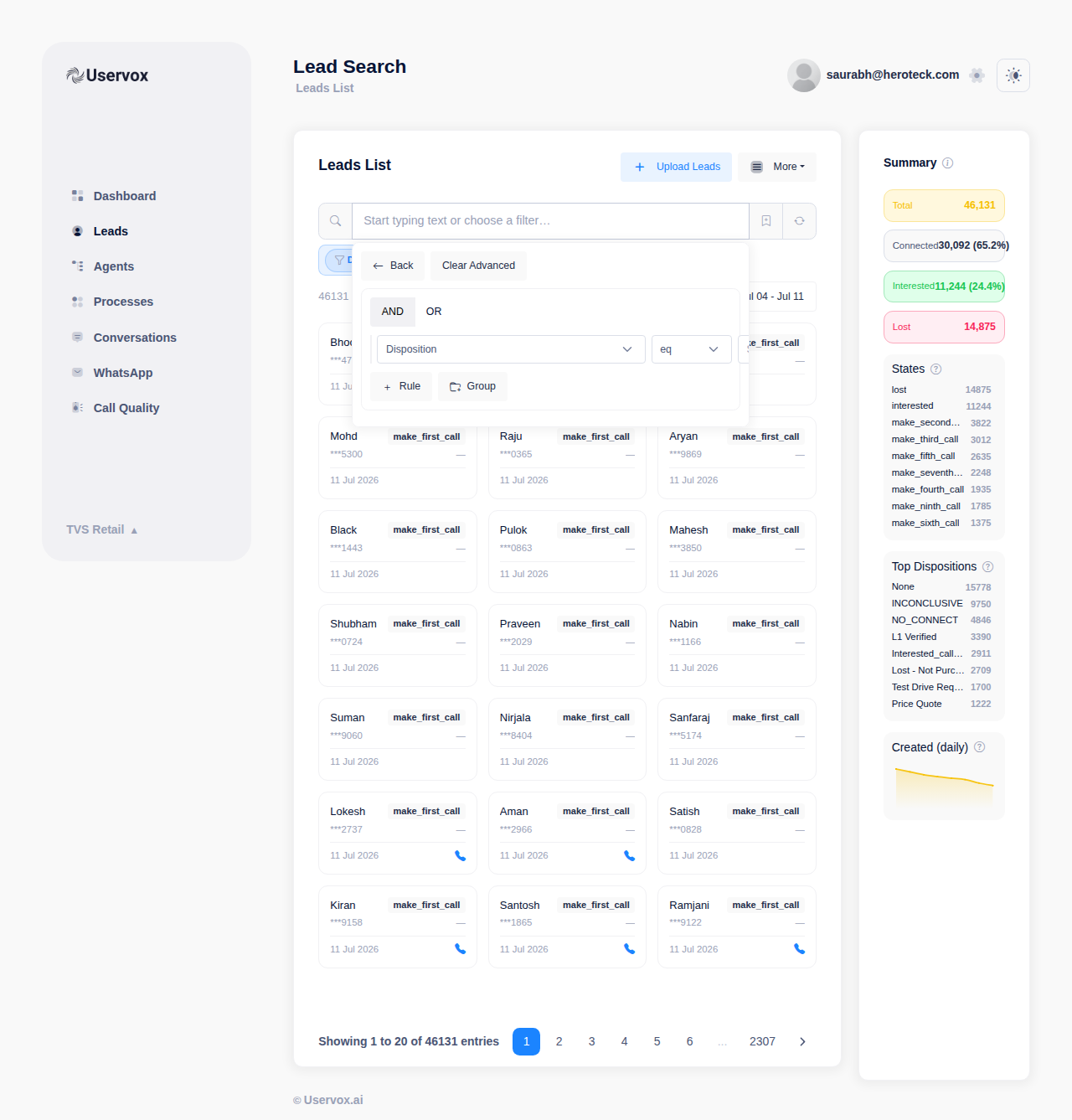 The boolean AND/OR filter builder with a field selector open