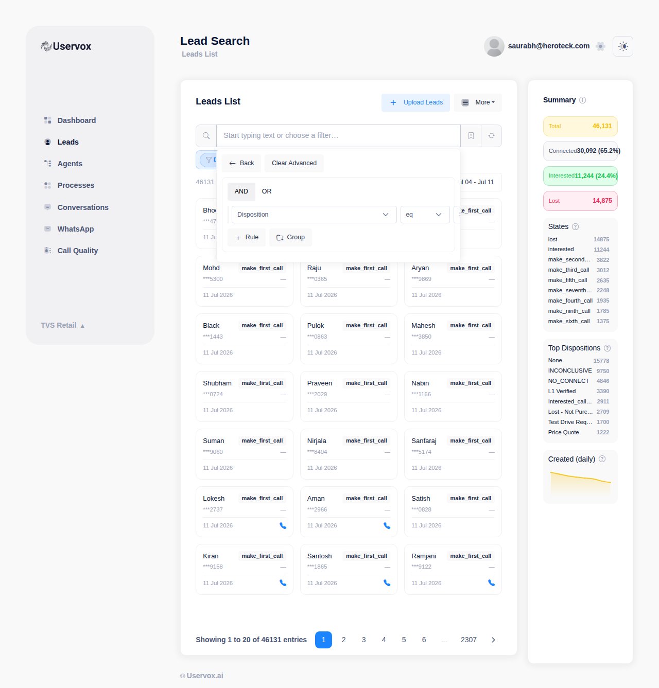 The boolean AND/OR filter builder with a field selector open