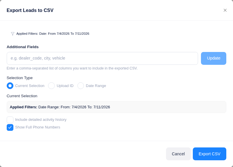 Export Leads to CSV dialog showing applied filters, additional fields, selection type, and export options