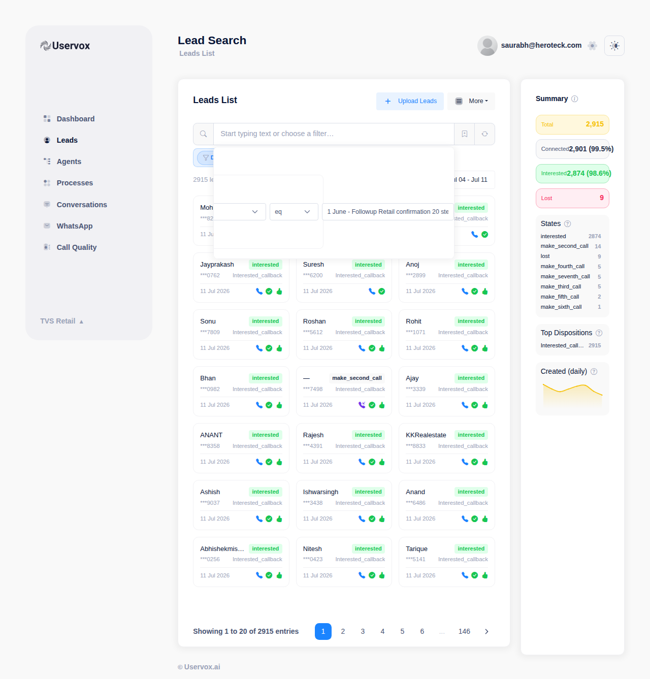 Filter builder with State equals Interested applied, showing the filtered leads list