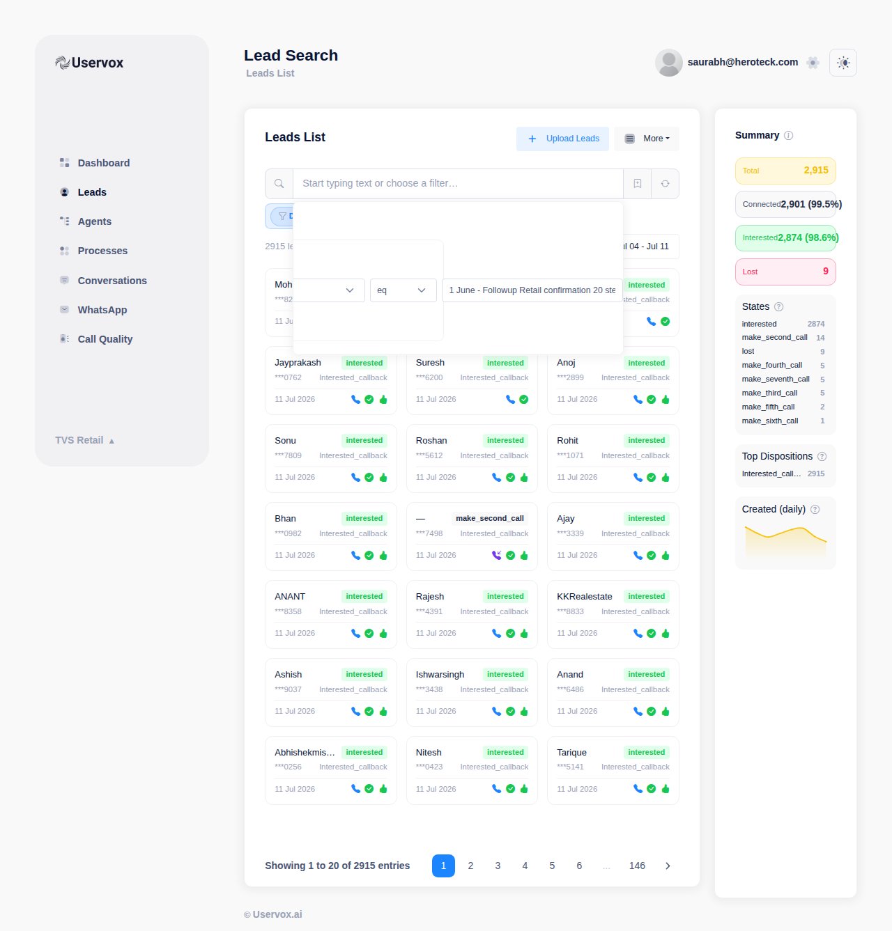 Filter builder with State equals Interested applied, showing the filtered leads list
