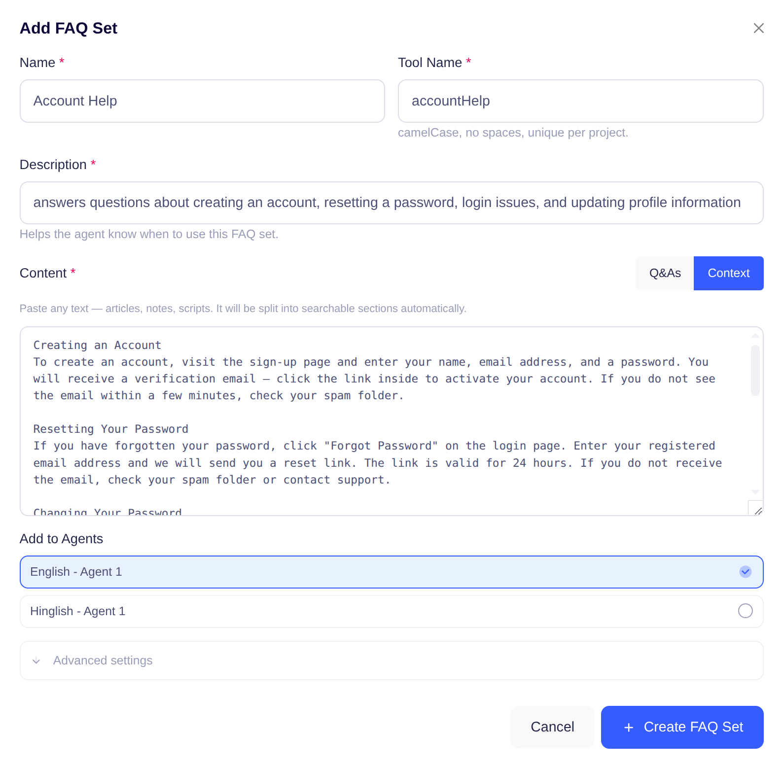 FAQ Set modal — Context mode with pasted text