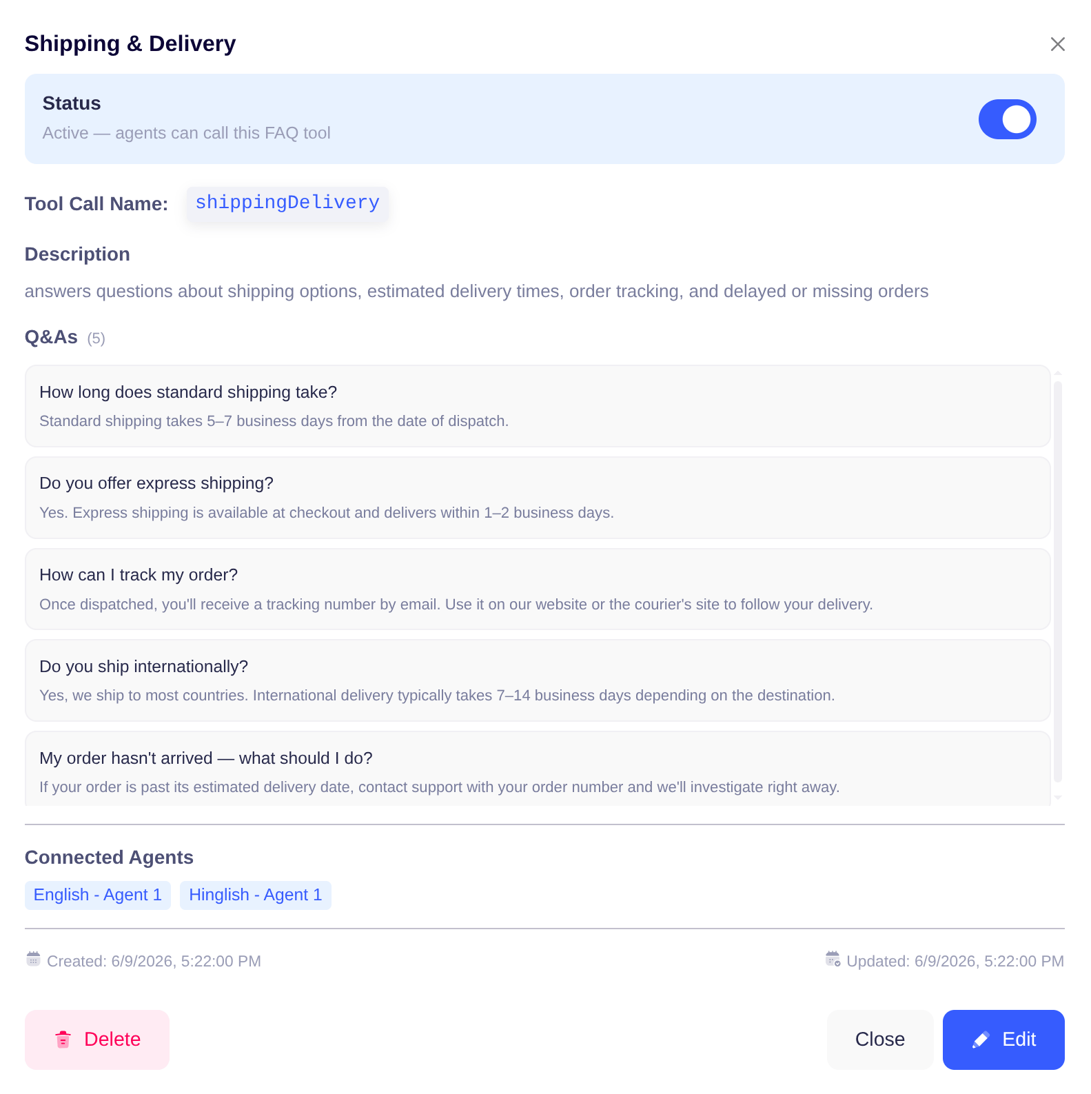 FAQ Set details modal