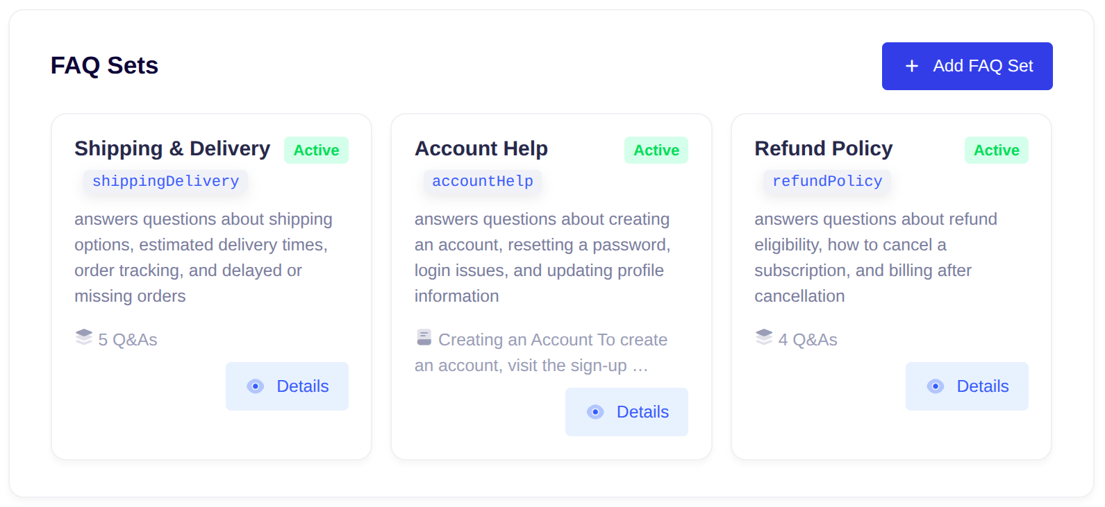 FAQ Sets overview — list of all FAQ sets in the project
