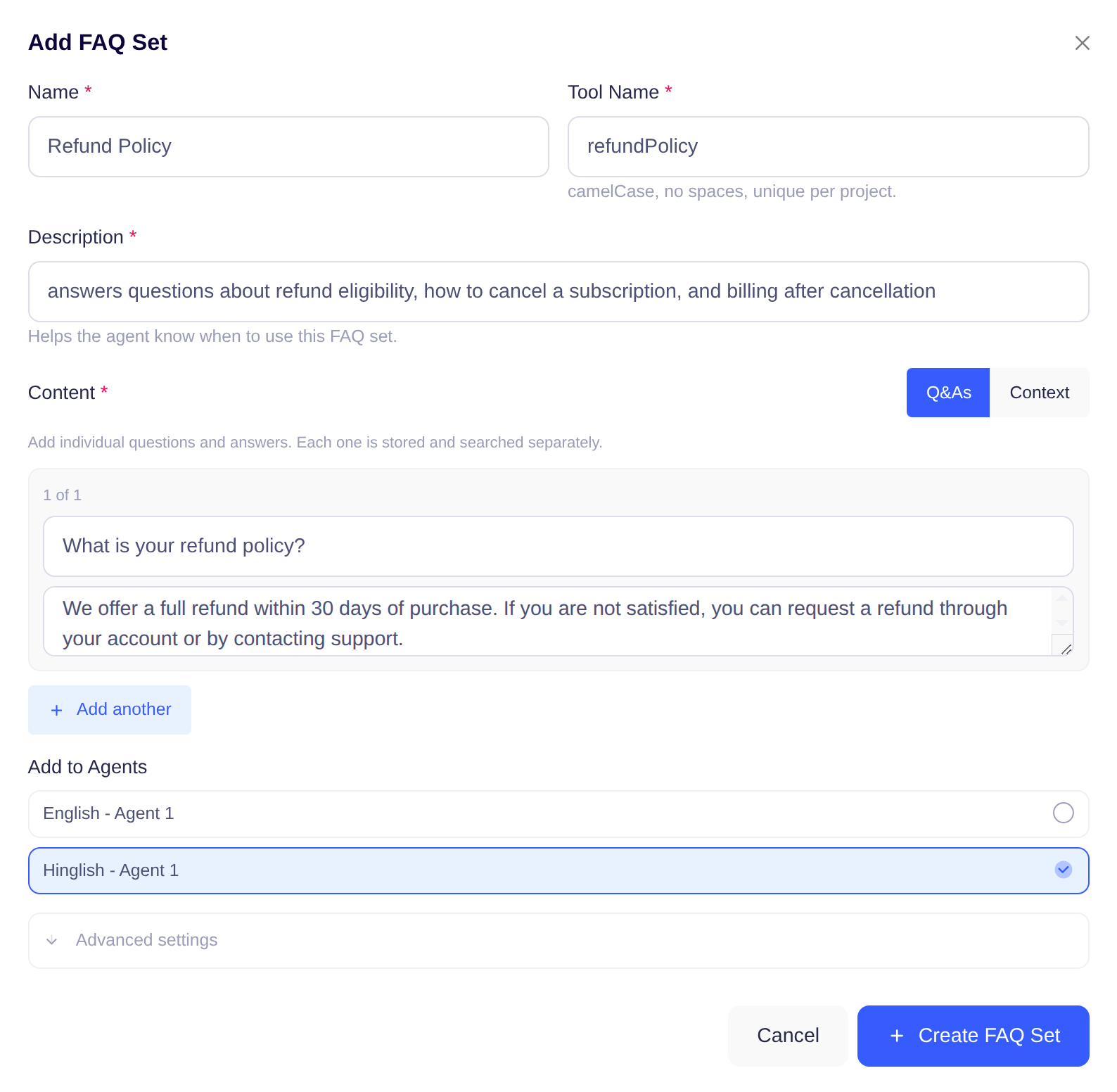 FAQ Set modal — Q&As mode with sample pairs