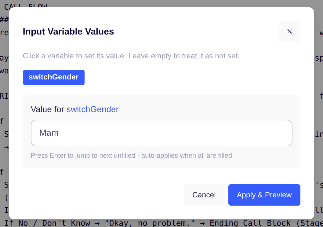 Input Variables modal