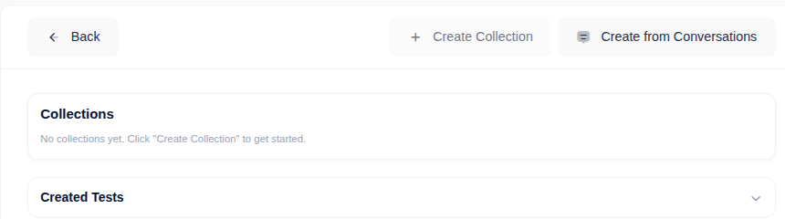 Agent Test Suite — Collections and Created Tests, with Create Collection and Create from Conversations actions
