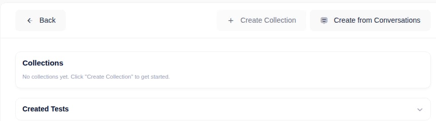 Agent Test Suite — Collections and Created Tests, with Create Collection and Create from Conversations actions