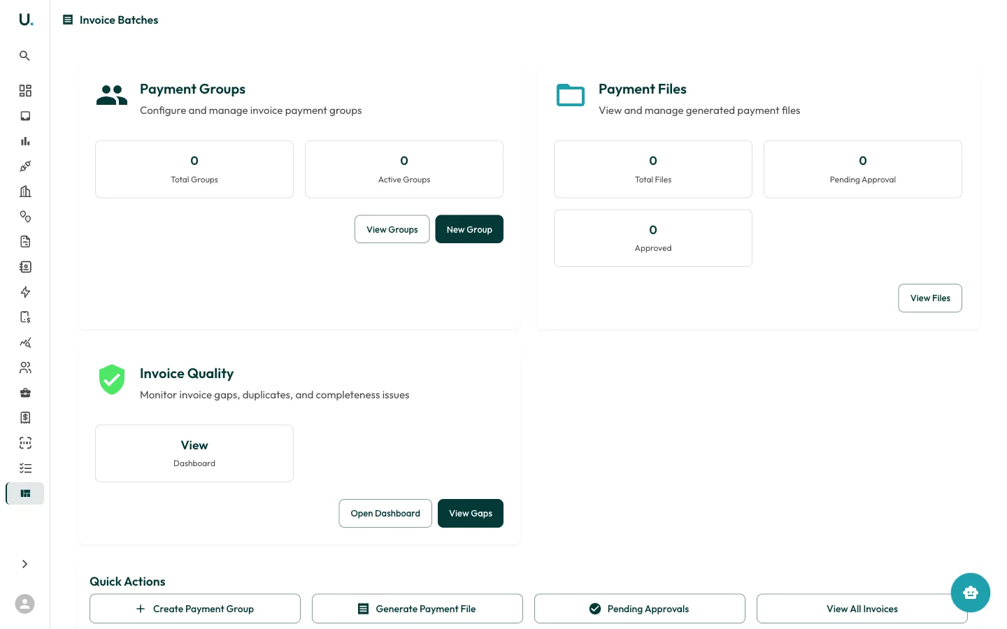 UMS Invoice Batches dashboard showing payment groups and files