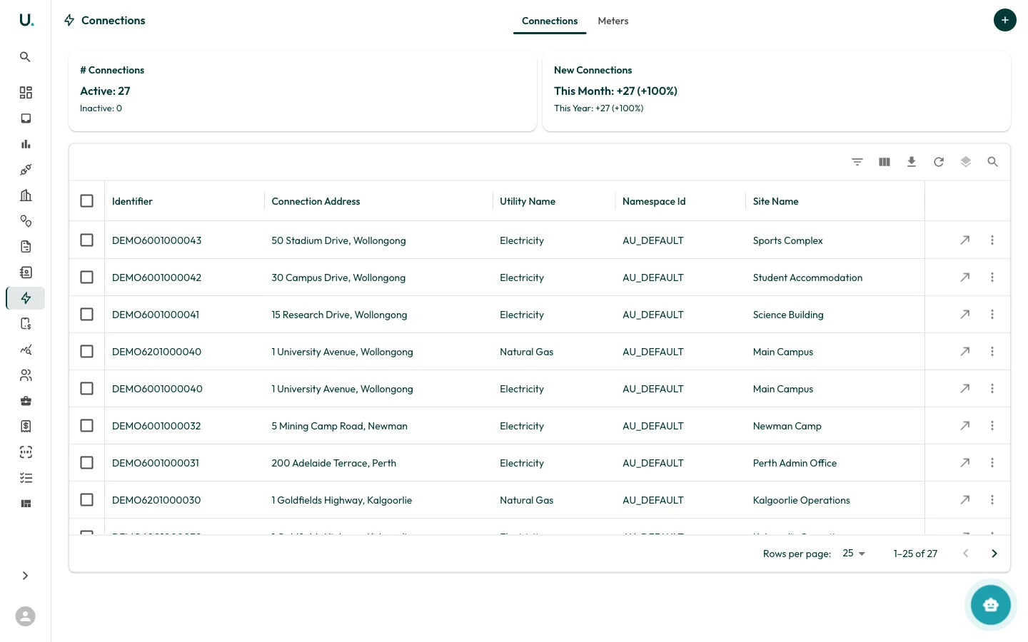 UMS Connections list showing connections in a data grid