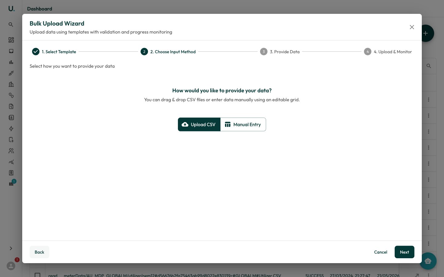 Choose Input Method step with Upload CSV and Manual Entry options