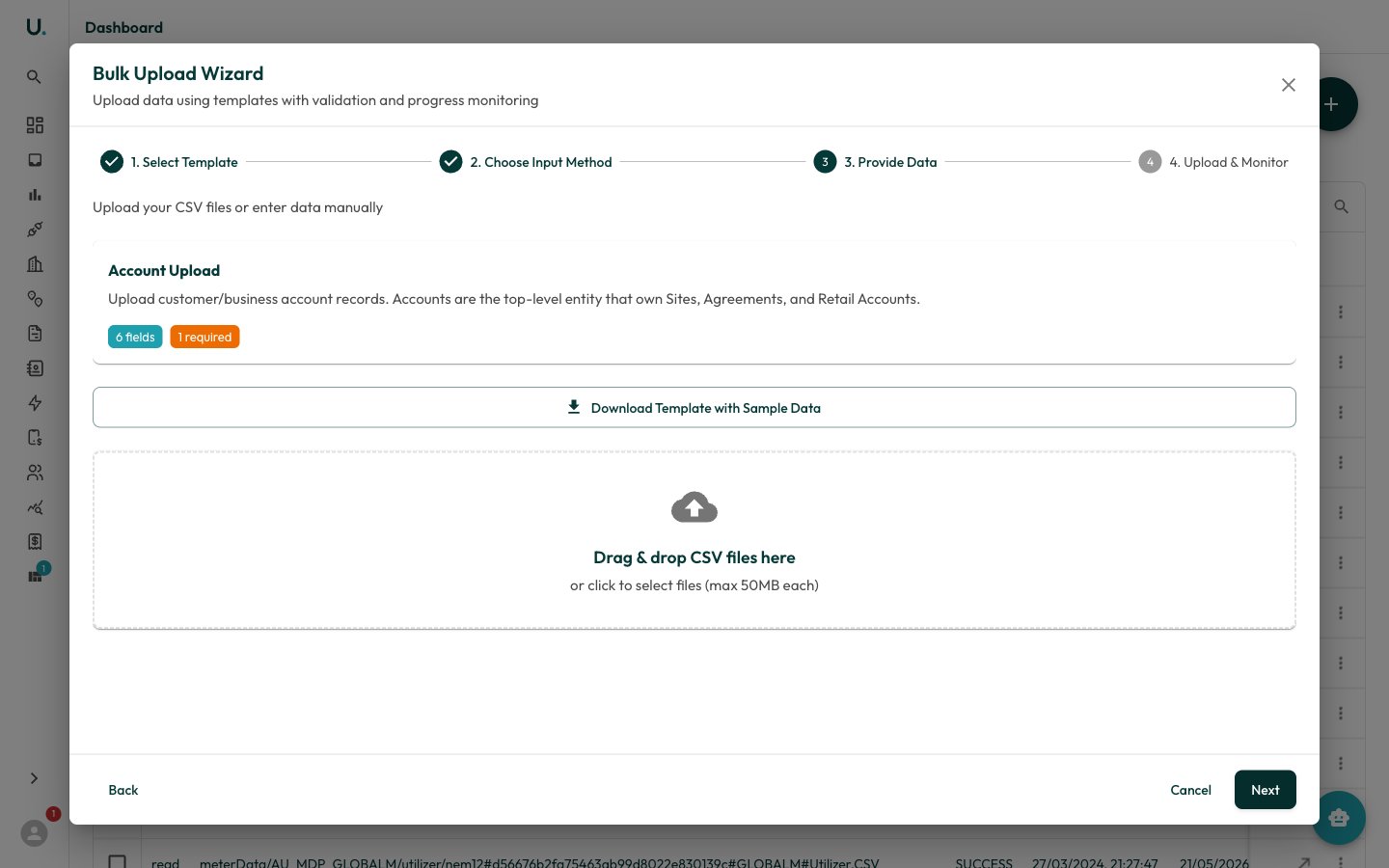 Provide Data step showing the template download button and the CSV drag-and-drop area