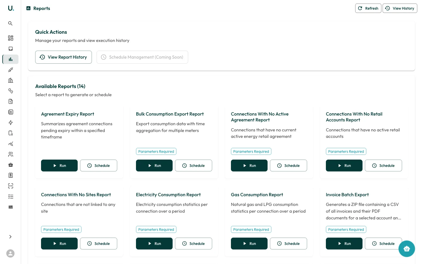 UMS Reports page listing available pre-built reports