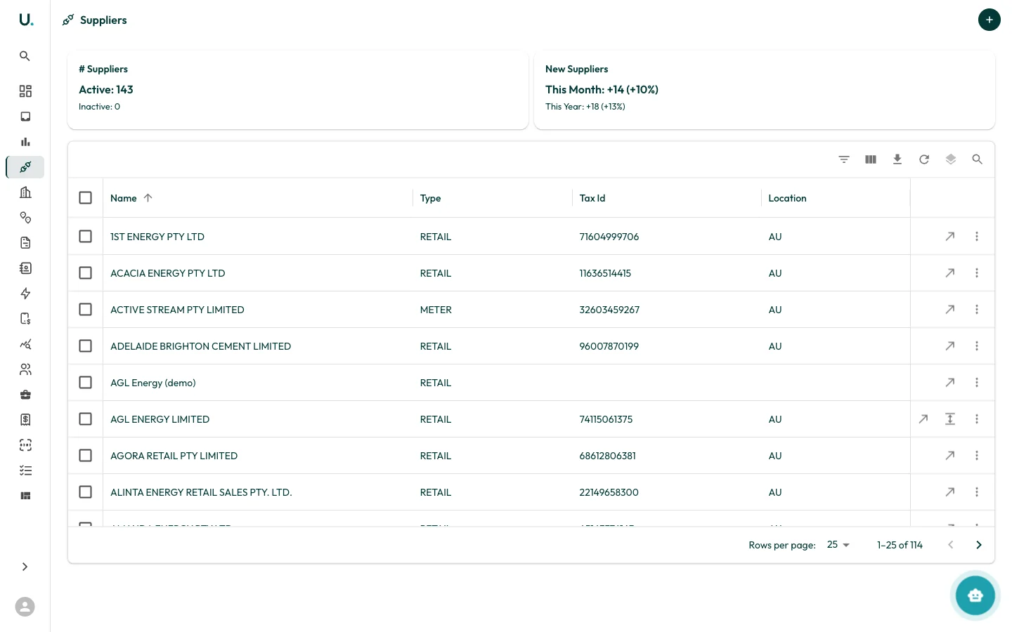 UMS Suppliers list showing suppliers in a data grid
