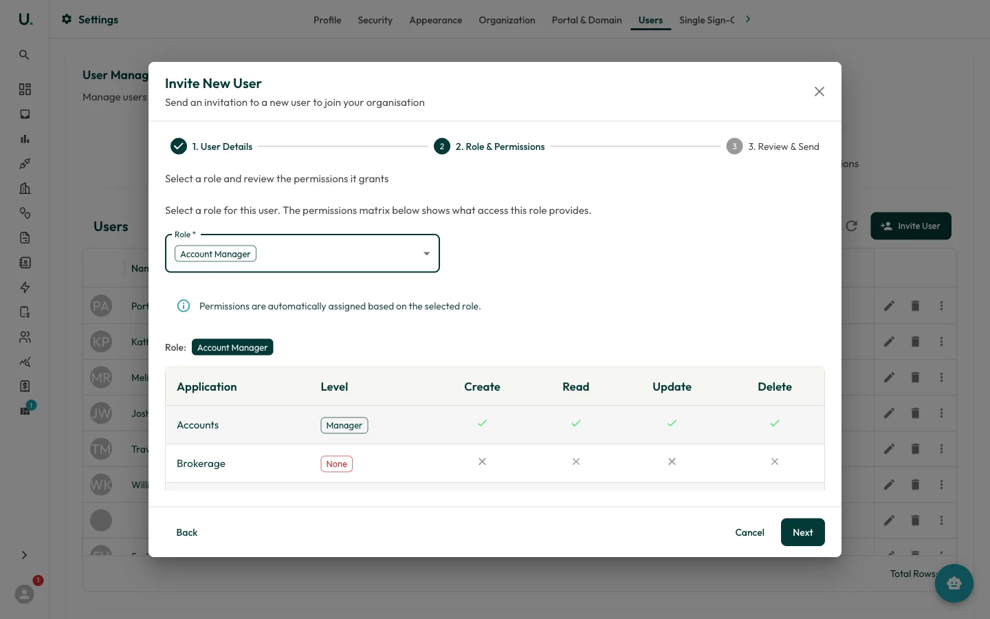 Role and Permissions step showing the Account Manager role selected with its permissions matrix