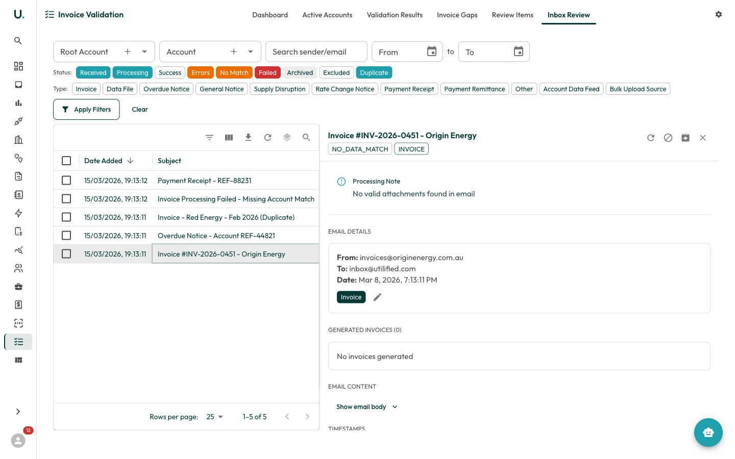 Inbox review detail panel in UMS