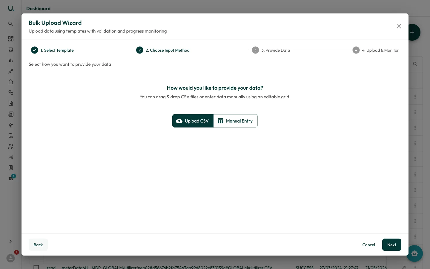 Choose Input Method step with Upload CSV and Manual Entry options