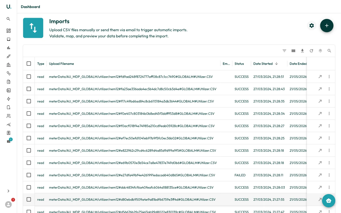 UMS Imports page listing previous upload tasks with their status and timestamps