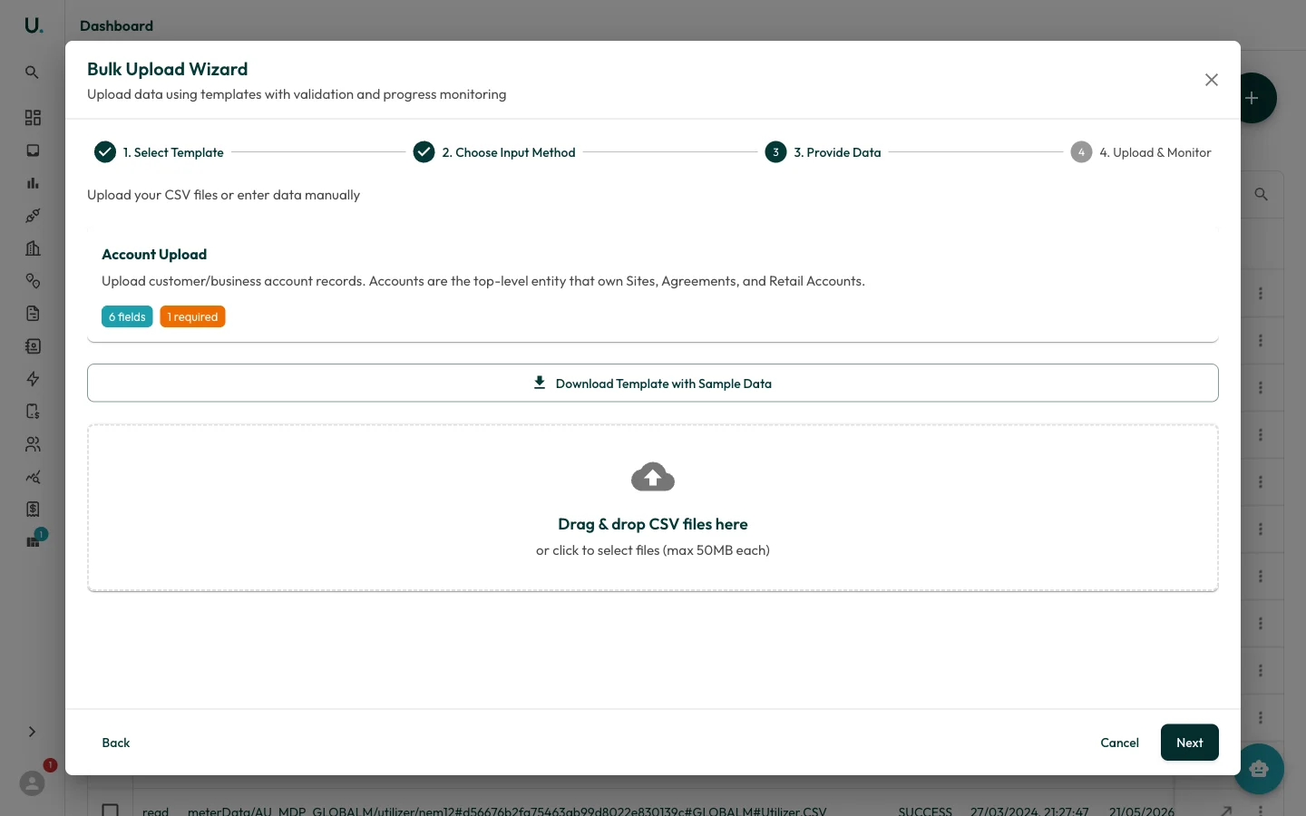 Provide Data step showing the template download button and the CSV drag-and-drop area