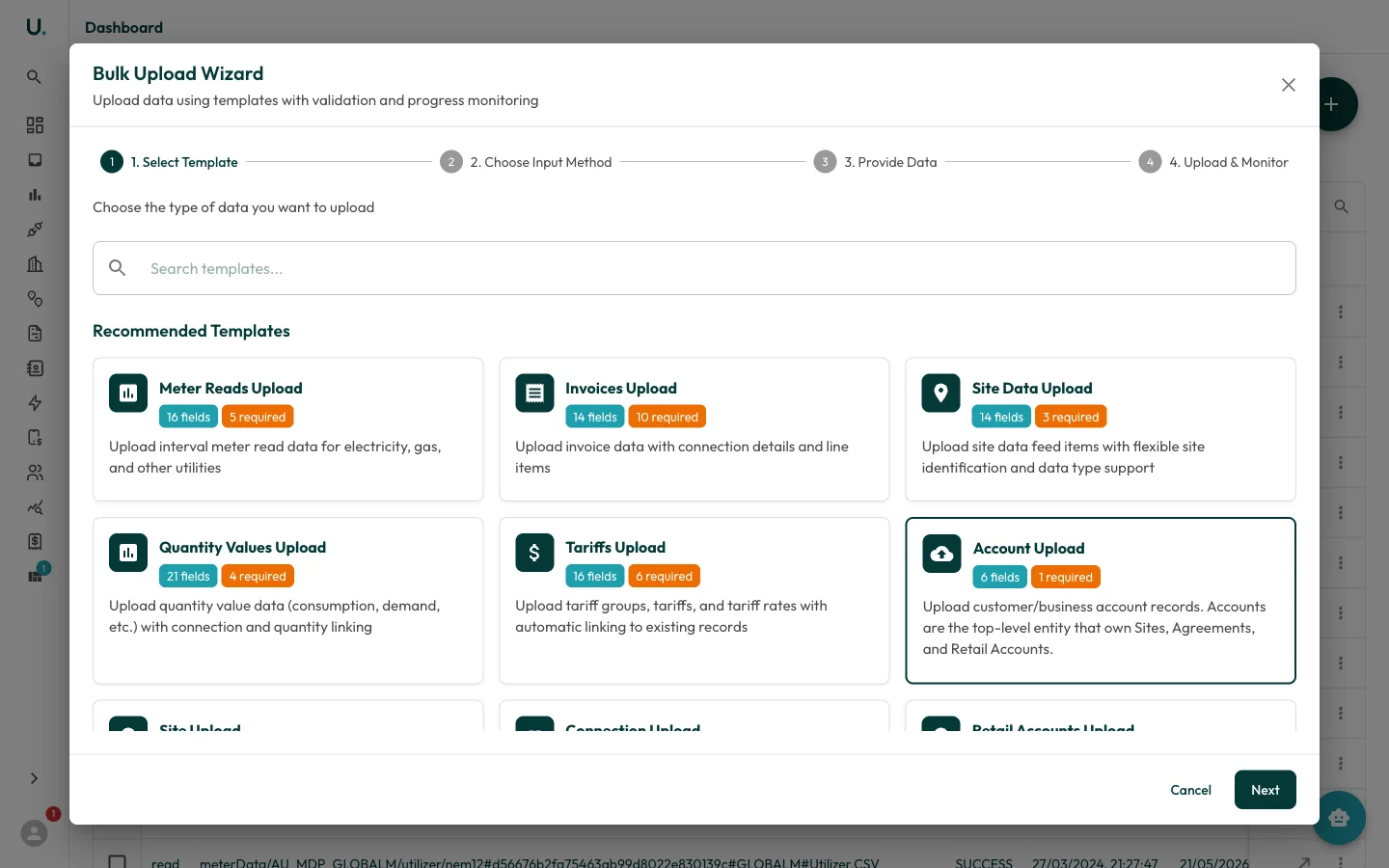 Bulk Upload Wizard on the Select Template step showing template cards for meter reads, invoices, site data, and more