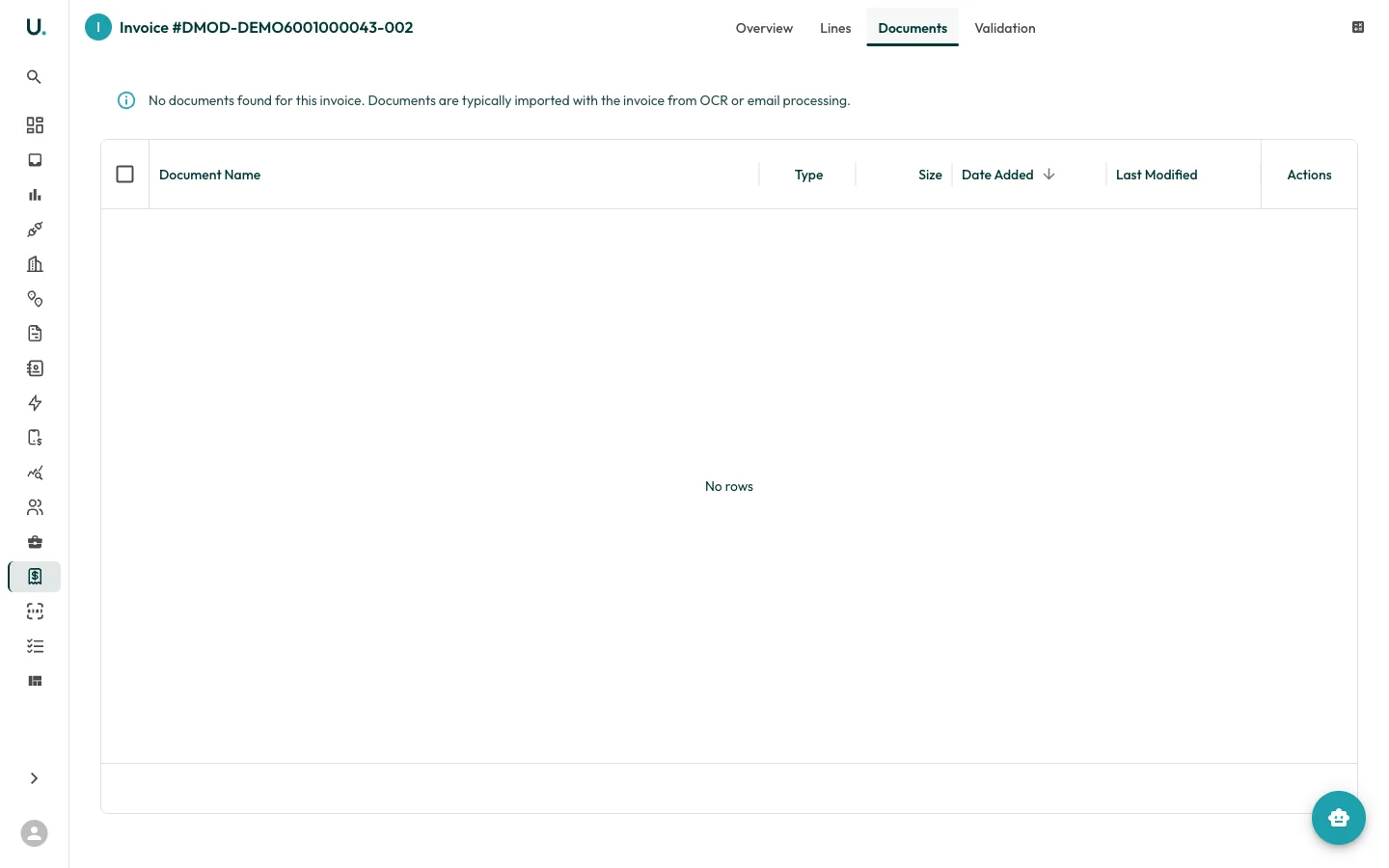 Invoice documents tab in UMS