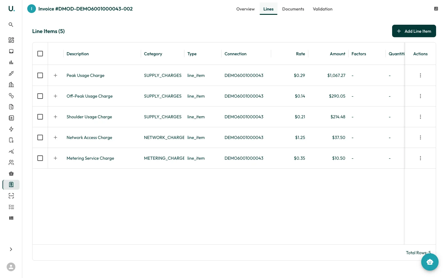 Invoice lines tab showing charge line items in UMS