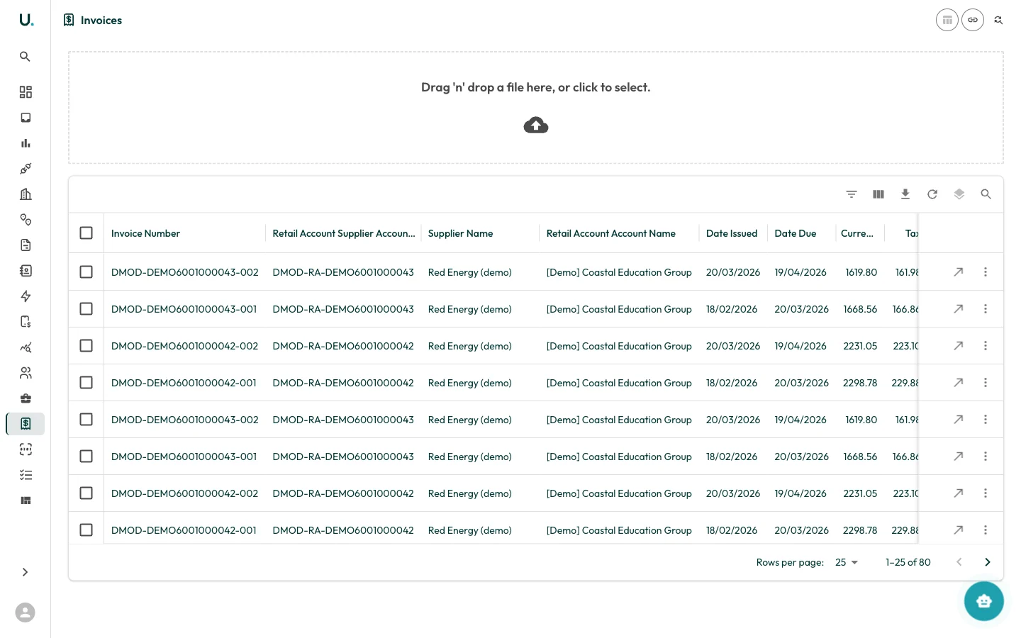 UMS Invoices list showing invoices in a data grid