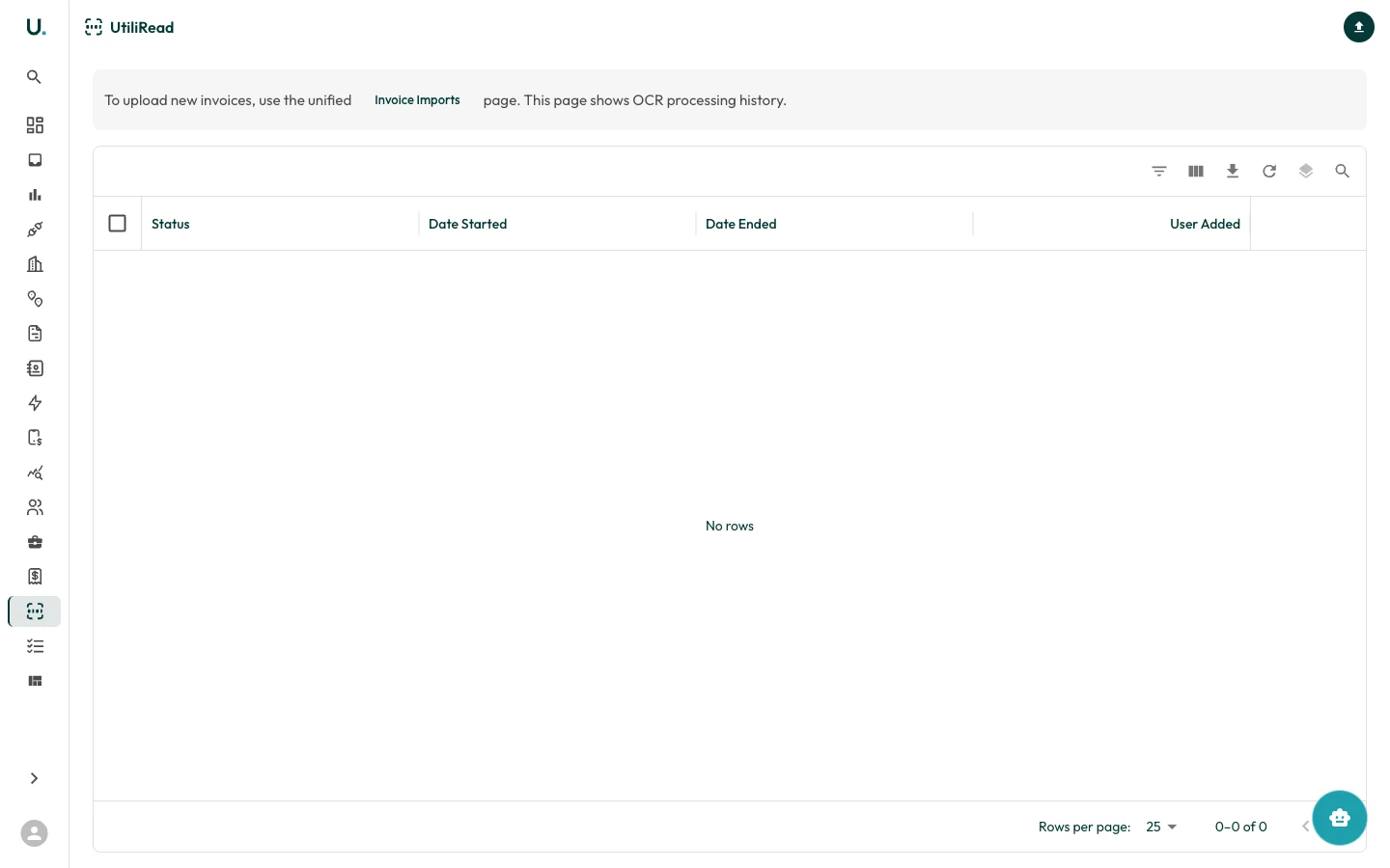 UtiliRead OCR processing history shown in a data grid