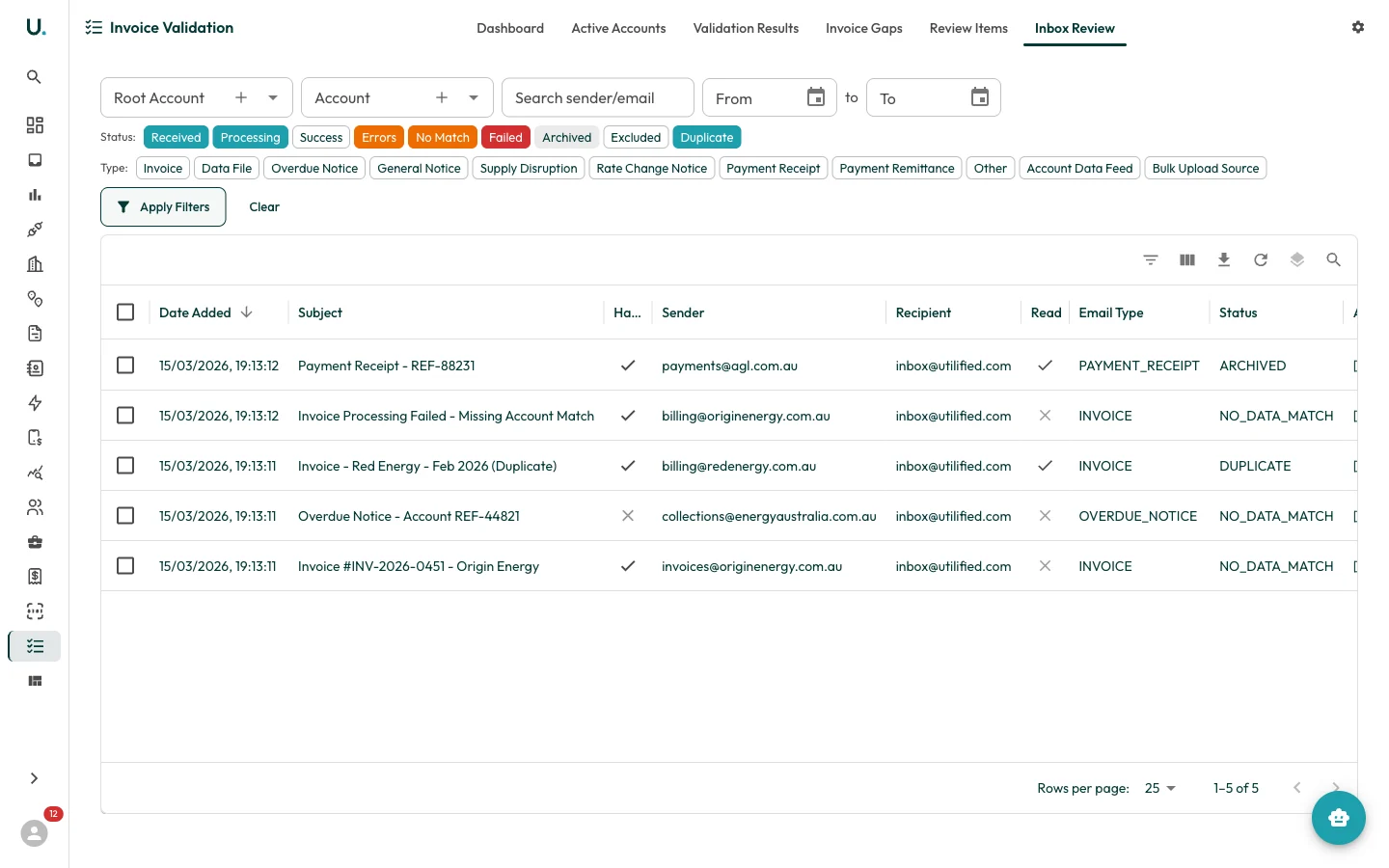 UMS inbox review tab for triaging email-sourced invoices