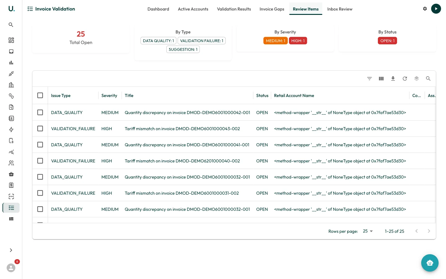 UMS review items tab listing invoices flagged for manual review