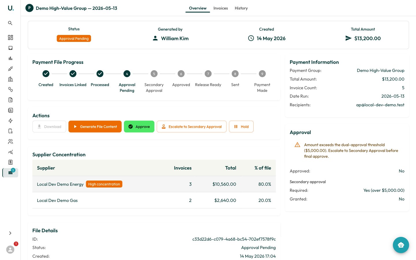 A payment file pending approval, showing the progress stepper and approval actions