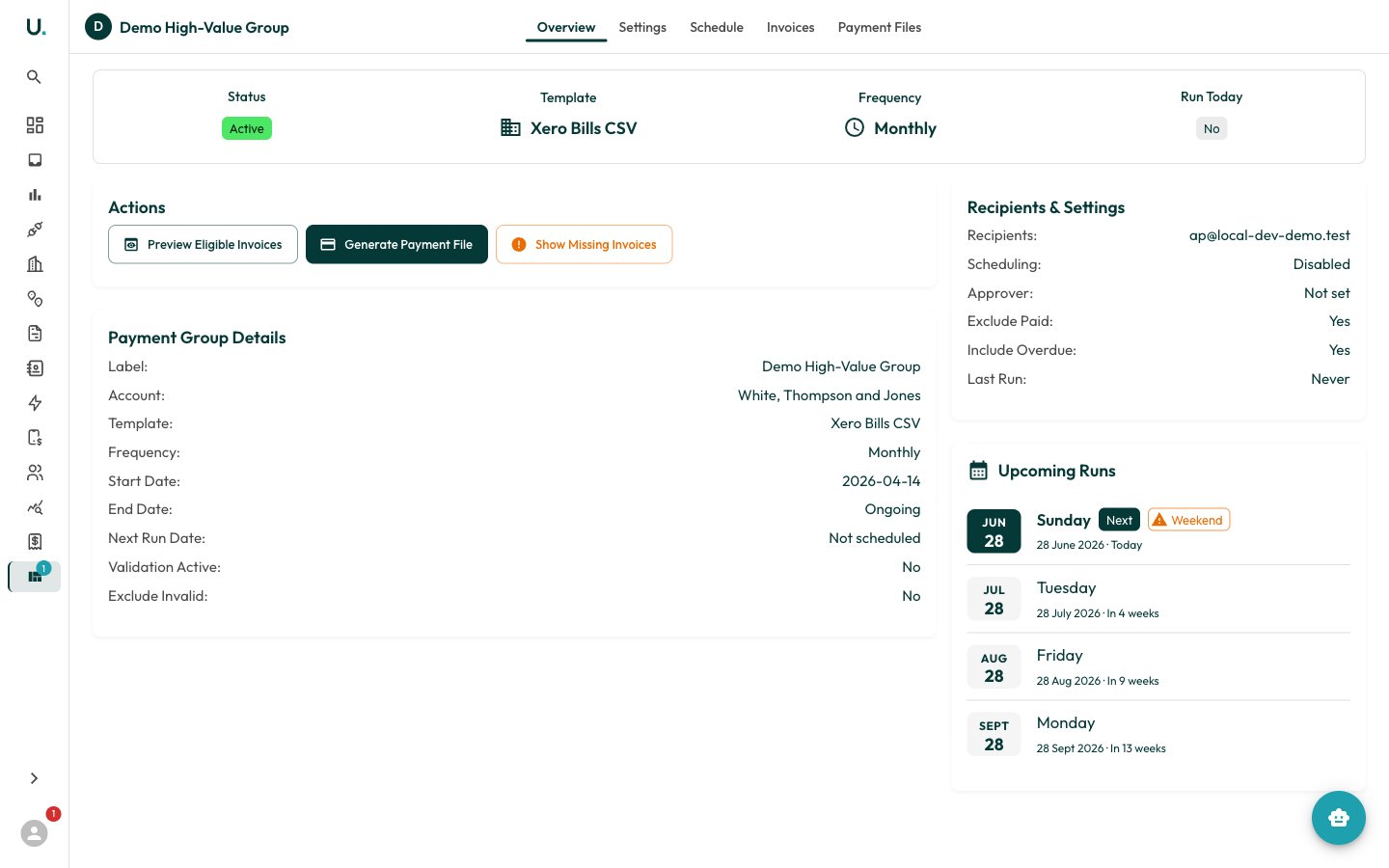 A payment group's Overview — status, actions, details, and upcoming runs