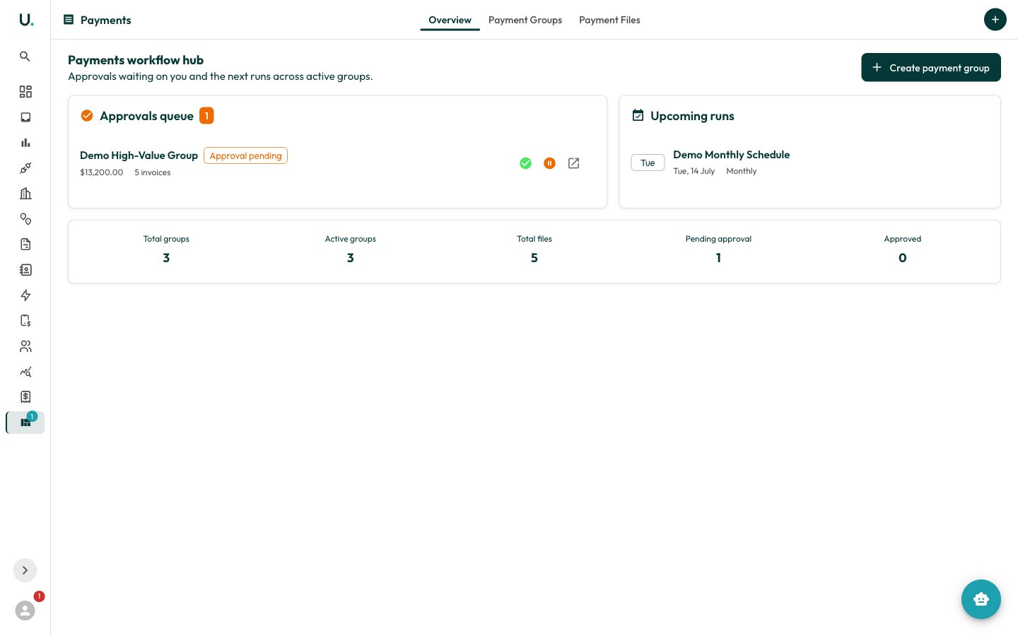 The Payments Overview tab with the approvals queue and upcoming runs