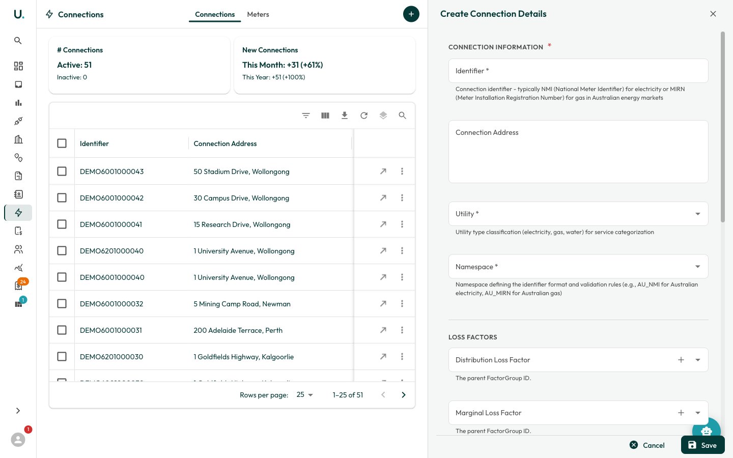The Create Connection drawer with the identifier, utility, and namespace fields