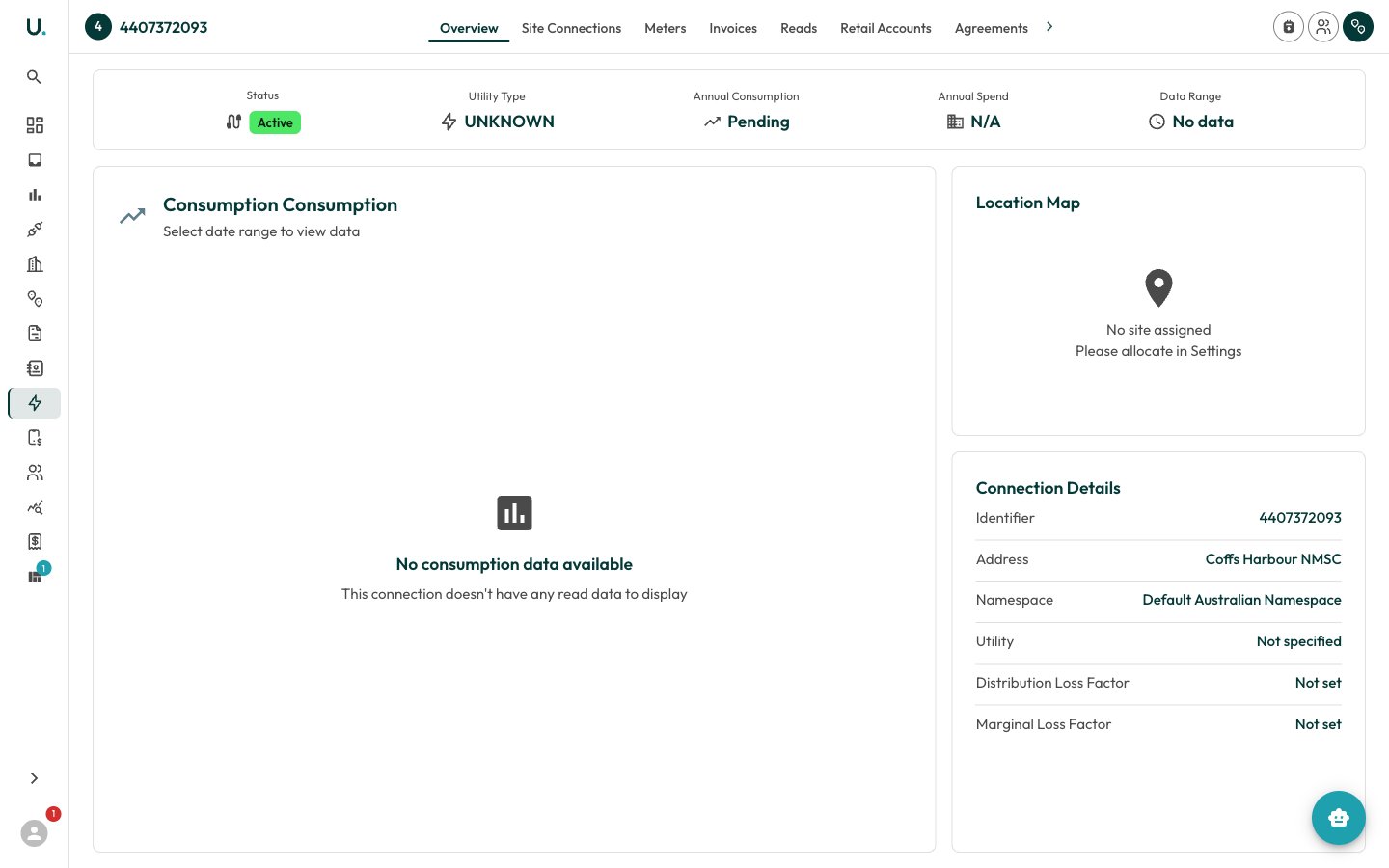 A connection detail page Overview tab with stats and connection details