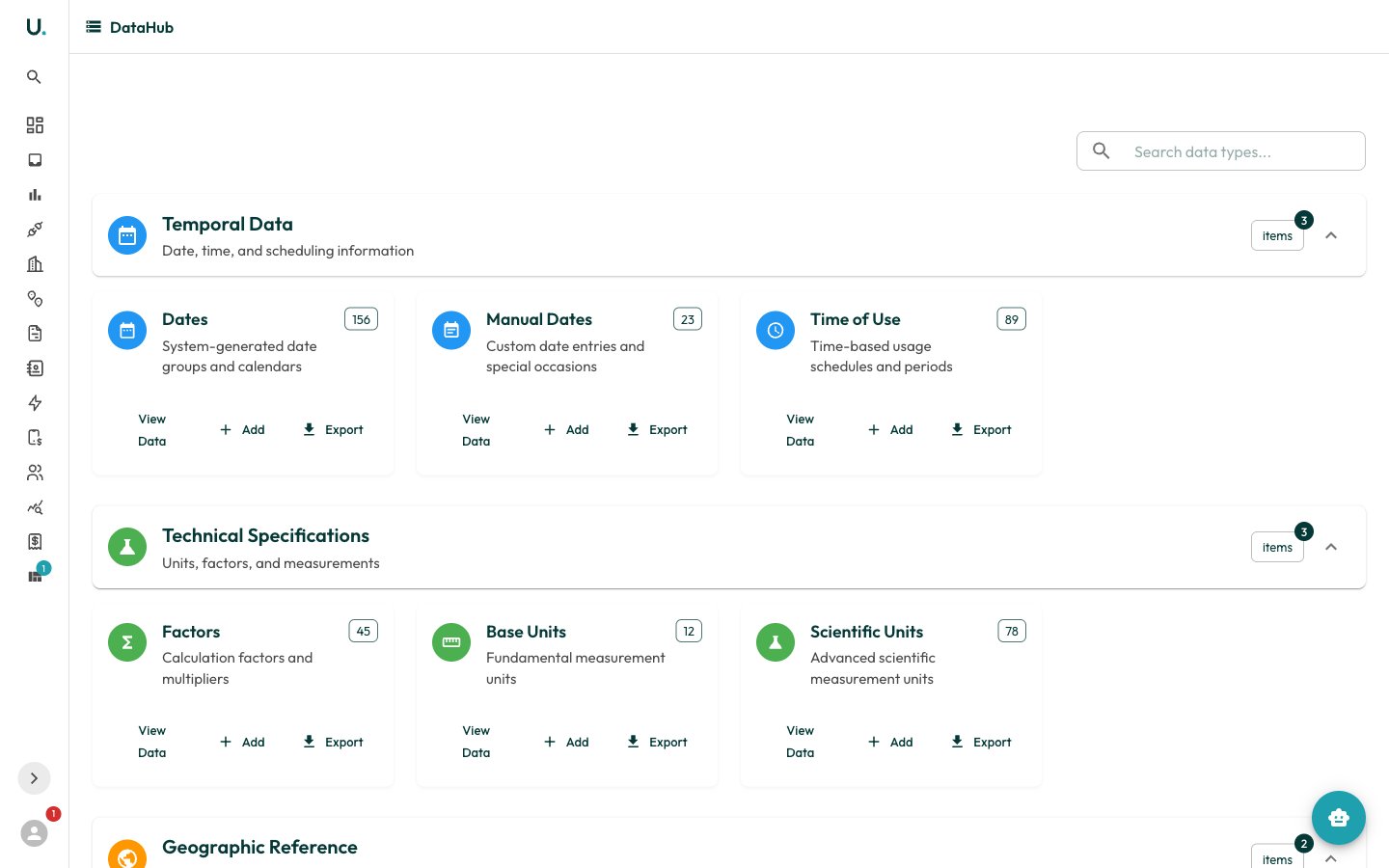DataHub home showing reference-data categories and their cards