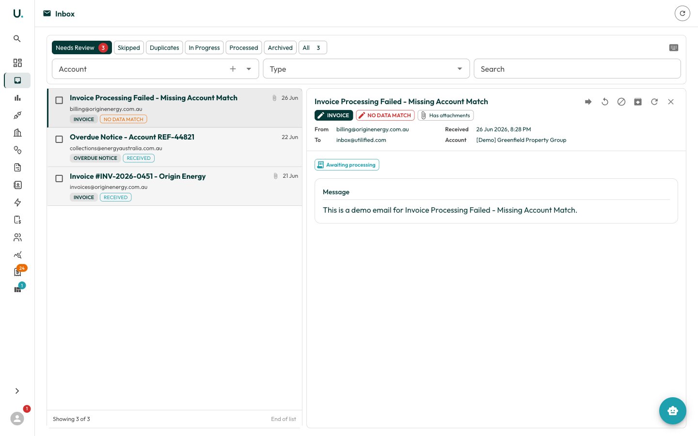 The Inbox split view — message list on the left, selected message detail on the right