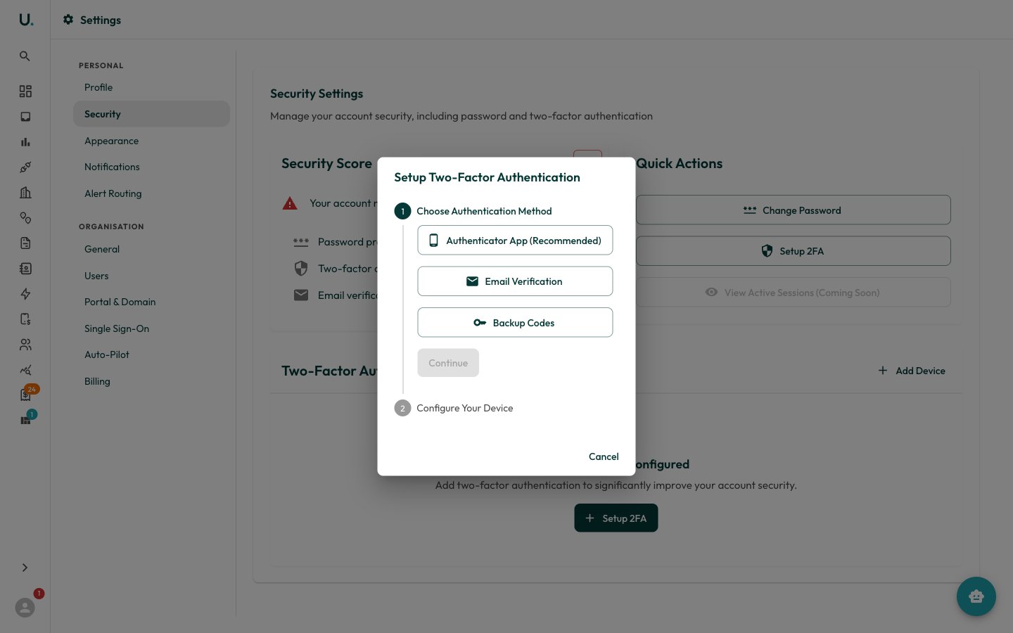 The two-factor authentication setup dialog — choosing an authentication method