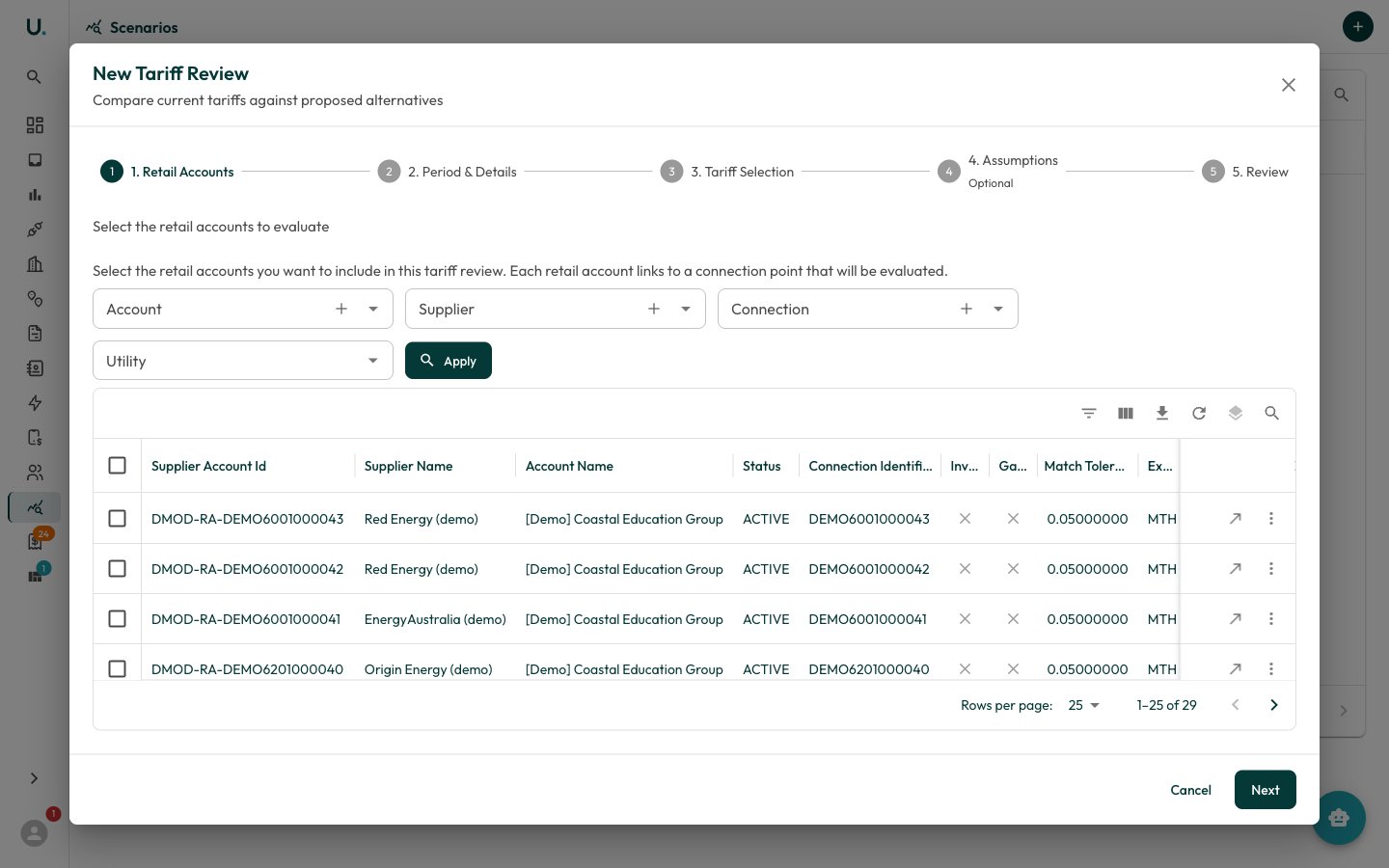 The New Tariff Review wizard — selecting retail accounts to evaluate