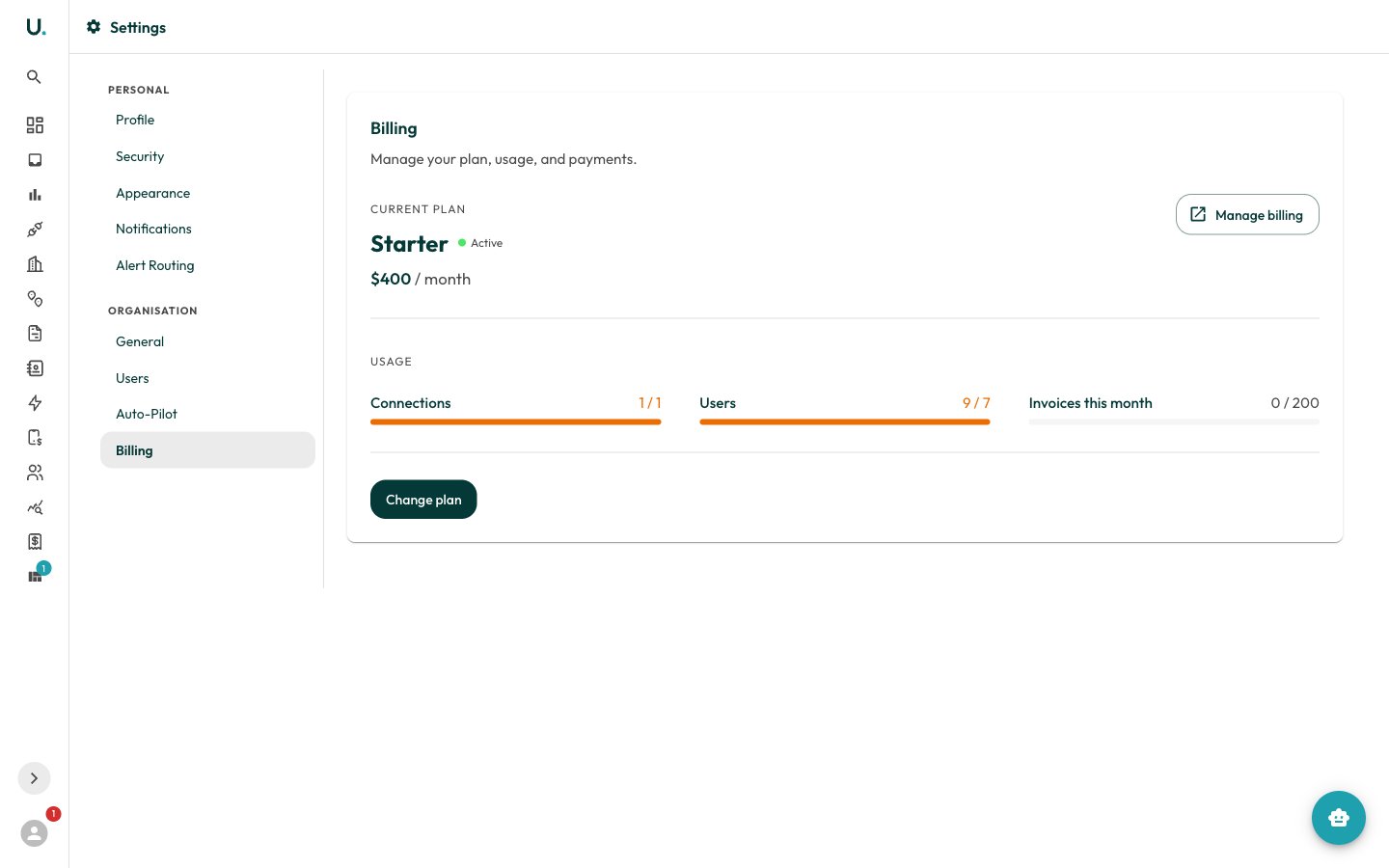The Billing section showing the current plan and usage meters