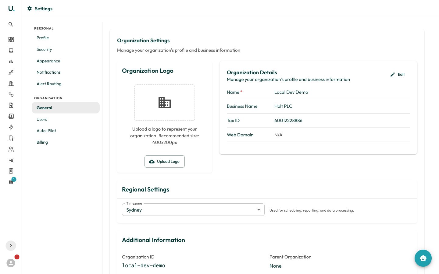 The Organisation General settings — logo, details, and regional settings