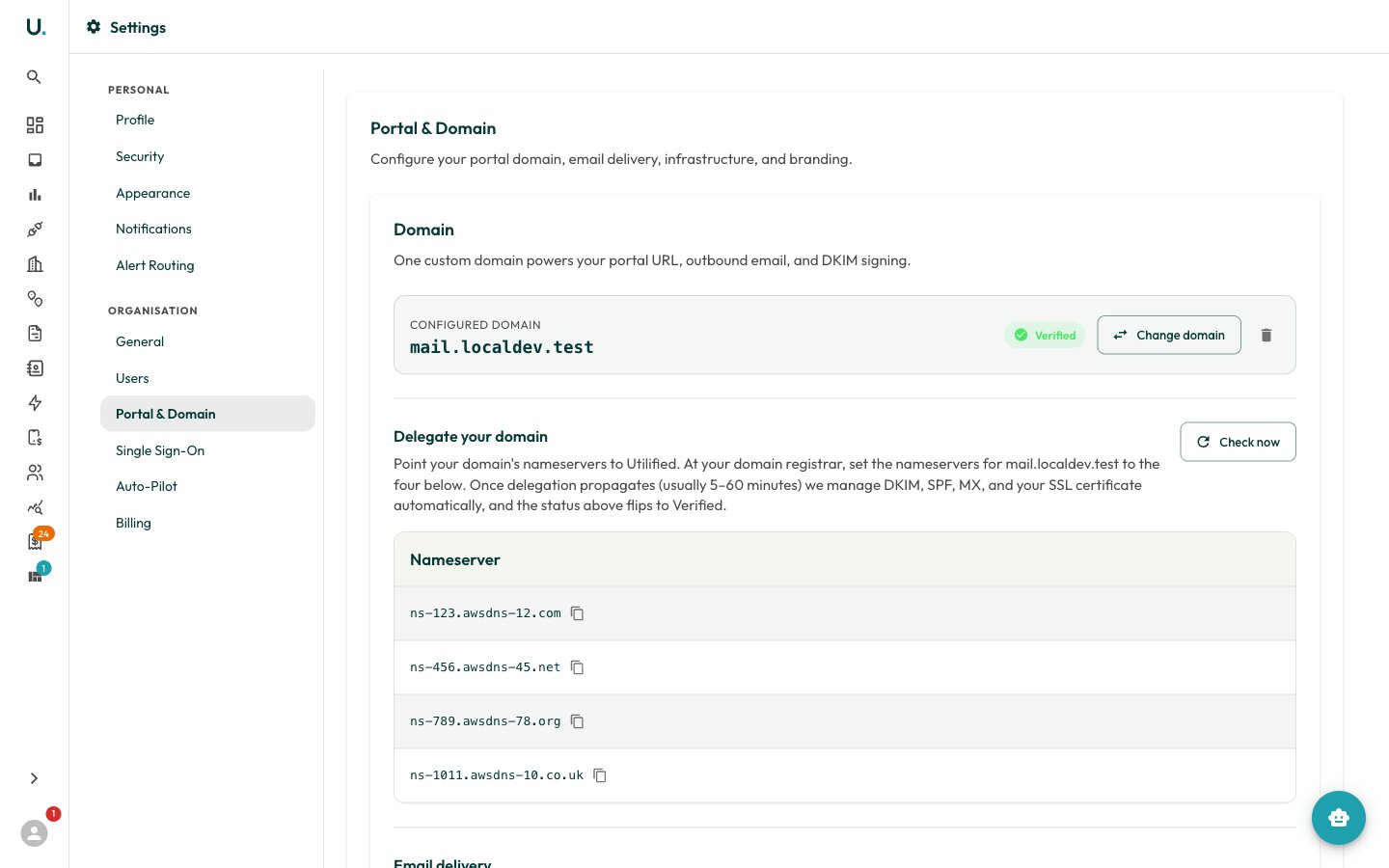 The Portal & Domain settings — custom domain, verification, and nameserver delegation
