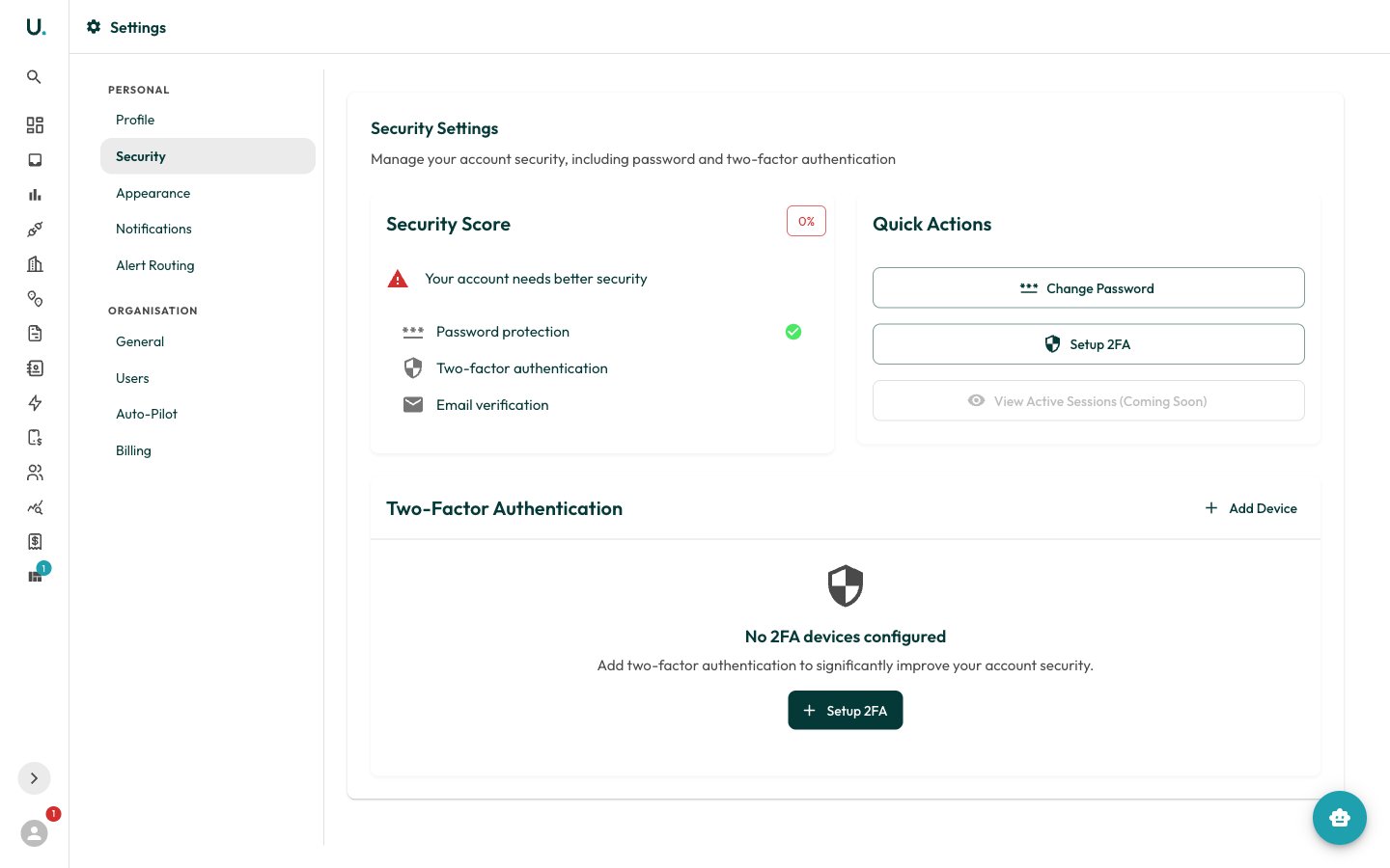 The Security section showing the security score and two-factor authentication