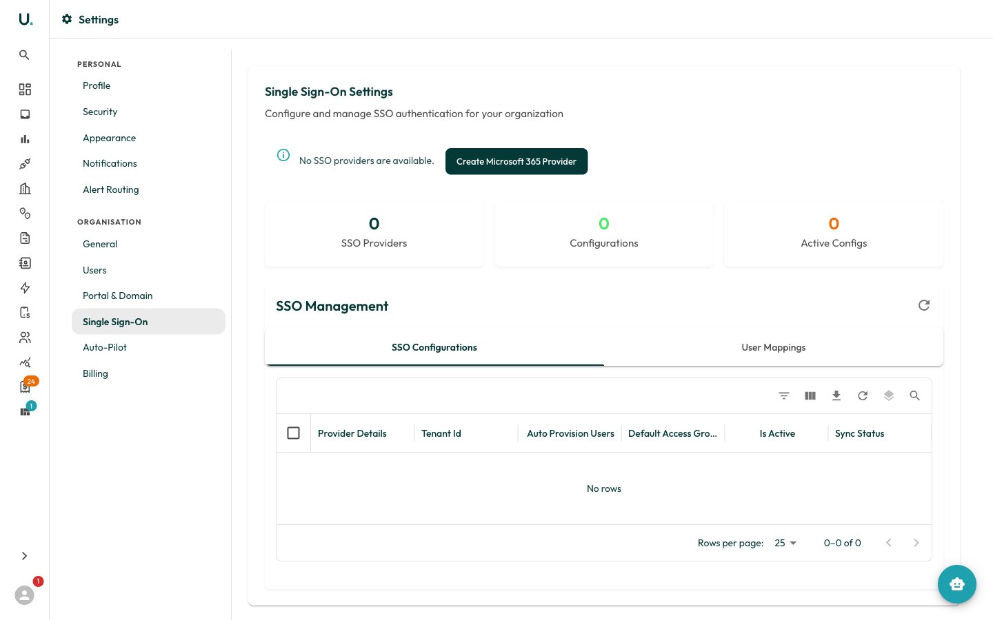 The Single Sign-On settings — provider setup and SSO configurations