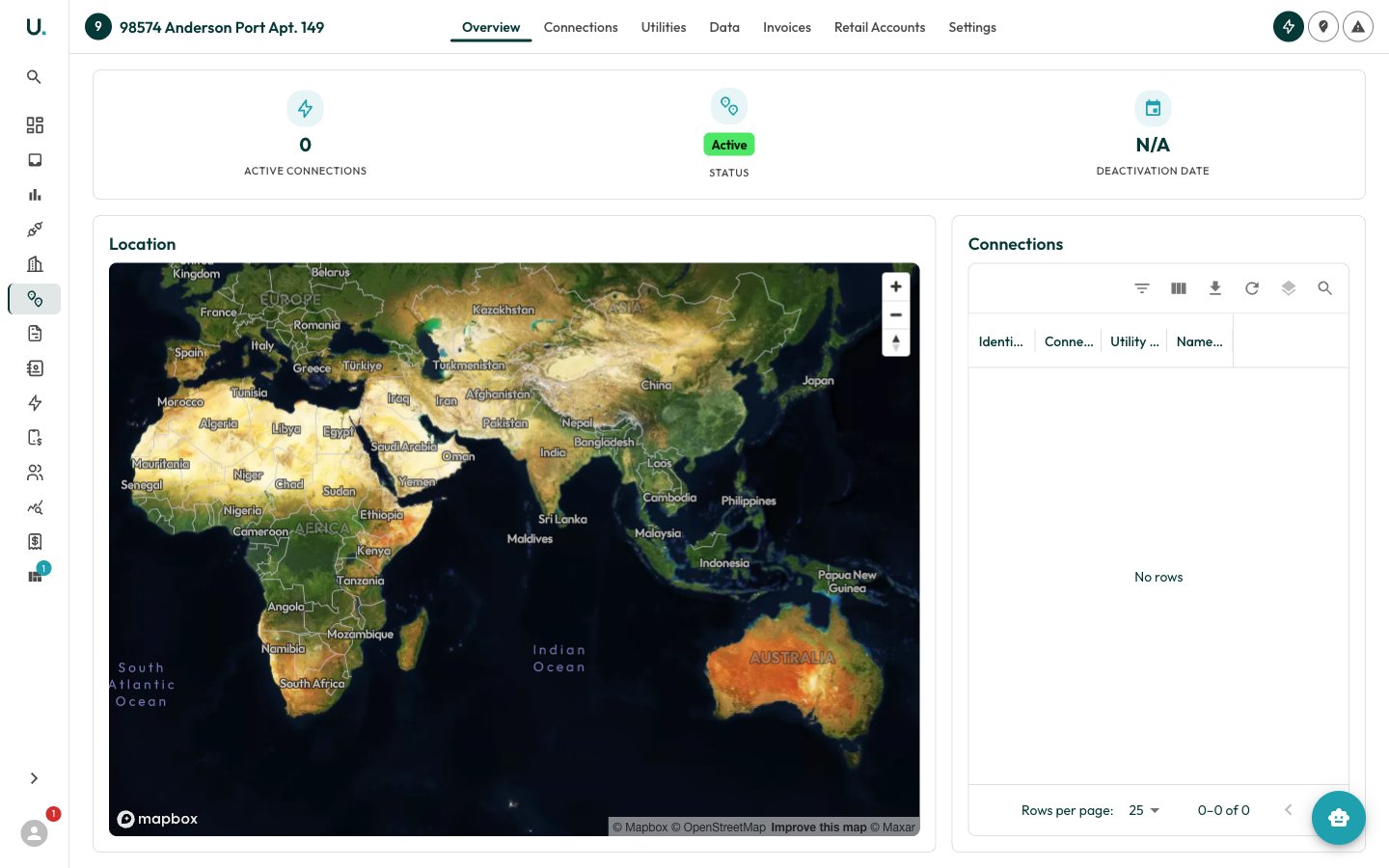 A site detail page showing the stats row, location map, and connections